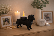 Friese Stabij waxinelichthouder als honden decoratie op houten kast met sfeerverlichting